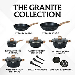 Avis Batterie de cuisine 15 pièces avec revêtement en granit et manche en bois Noir Herzberg HGWDMRB15-BLK