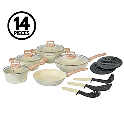 Batterie de cuisine 14 pièces avec revêtement en granit et manche en bois Beige Herzberg HGWDBEJ14-BEI