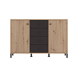 Pegane Buffet 2 portes 4 tiroirs couleur chêne artisan / noir - Longueur 138 x profondeur 40 x hauteur 90 cm