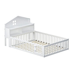 DZMDIP Lit cabane enfant 140x200 cm Lit double 2 personnes Avec étagères et rangements, avec garde-corps, blanc