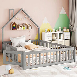 DZMDIP Lit Enfant 140 X 200cm Lit 2 Personnes En Forme De CheminéE Sommier à Lattes Pin Lit 2 Places ,Gris