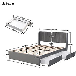 DZMDIP Lit double en velours 140 x 200 cm avec tiroirs - 2 personnes - Style scandinave - Gris