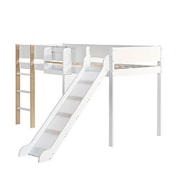 DZMDIP Lit mezzanine 90 x 200 cm avec échelle droite à trois marches, lit enfant avec toboggan, avec étagère amovible, pin + MDF