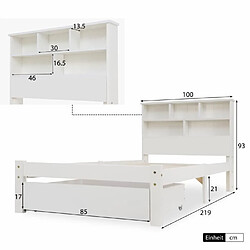 DZMDIP Lit 90x200cm avec sommier à lattes, tête de lit bibliothèque, tiroirs sur roulettes, Lit simple pour adolescents et adultes, Blanc