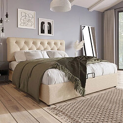 Avis DZMDIP Lit coffre double 140x200cm avec coffre de rangement, Tête de lit réglable, Tissu en lin,Sommier à lattes en métal,Moderne, Beige