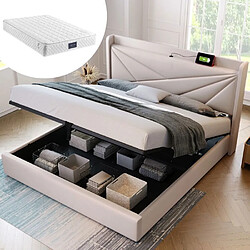 DZMDIP Lit coffre 140x200 cm Lit double 2 personnes Lit capitonné, tête de lit avec chargeur USB Type C, lin, beige (avec matelas)
