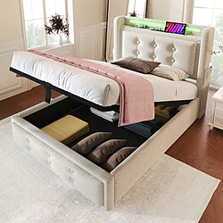 OKWISH Lit coffre 90x200 cm Lit simple LED intégré - Beige