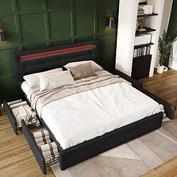 OKWISH Lit avec rangement 140x200 cm - Lit déco LED - Noir Lit avec rangement 140x200 cm - Lit double capitonné avec 4 tiroirs et éclairage LED - Bois massif + Lin + Métal - Sans Matelas - Noir