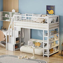 OKWISH Lit mezzanine 90x200 cm Lit escalier sécurité - Blanc