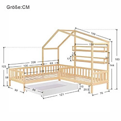 DZMDIP Lit cabane enfant en bois massif de pin avec tiroir et étagères - 90x200 cm + 140x70 cm - Naturel