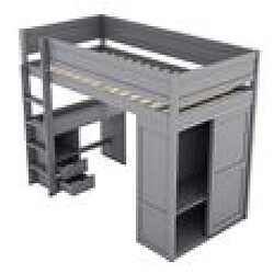 DZMDIP Lit enfant 90x200 cm Lit mezzanine 1 place 1 personne Lit surélevé multifonctionnel avec armoire, bureau, tiroirs, gris