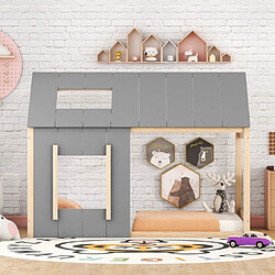 DZMDIP Lit cabane enfant 90x200 cm Lit simple 1 personne Forme de maison avec toit et fenêtres, naturel + gris
