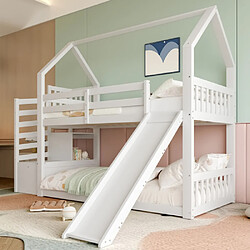 DZMDIP Lit superposé 90x200 cm avec escalier de rangement et toboggan - Blanc - 2 places