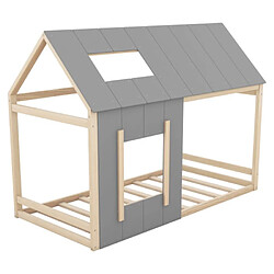 DZMDIP Lit cabane enfant 90x200 cm Lit simple 1 personne Forme de maison avec toit et fenêtres, naturel + gris