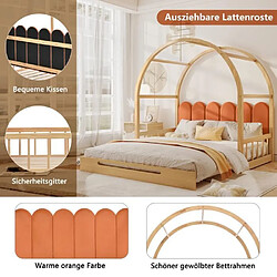 DZMDIP Lit cabane 140x200cm, lit enfant extensible à toit bombé, cadre en pin, naturel et orange
