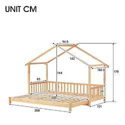 DZMDIP Lit cabane enfant 90x200cm - extensible - Certifié EN747 - Lit simple et double - Bois massif - Couleur naturel