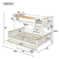 DZMDIP Lit superposé 90x200cm-140x200cm Lit enfant 2 personnes avec rail de sécurité-rampe-tiroir, blanc + couleurs naturelles