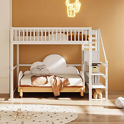 DZMDIP Lit mezzanine enfant 140x200 cm - Blanc - 2 places - Avec escalier et étagères