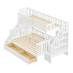 DZMDIP Lit superposé 90x200cm/140x200cm 3 personnes avec toboggan et tiroir,lit enfant en bois massif avec escaliers de rangement,blanc