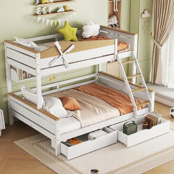 DZMDIP Lit superposé 90x200cm-140x200cm Lit enfant 2 personnes avec rail de sécurité-rampe-tiroir, blanc + couleurs naturelles