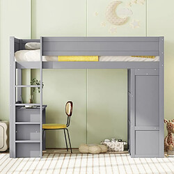 DZMDIP Lit enfant 90x200 cm Lit mezzanine 1 place 1 personne Lit surélevé multifonctionnel avec armoire, bureau, tiroirs, gris