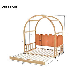 DZMDIP Lit cabane 140x200cm, lit enfant extensible à toit bombé, cadre en pin, naturel et orange