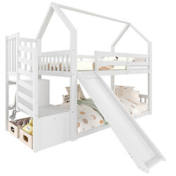 DZMDIP Lit superposé 90x200 cm avec escalier de rangement et toboggan - Blanc - 2 places