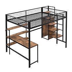 DZMDIP Lit mezzanine 140x200 cm , lit enfant en fer, dessous de lit, étagères multiples, armoire encastrée, noir