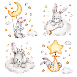 Autocollants muraux lapin lune et étoiles pour chambre d'enfant, décoration de chambre d'enfant, stickers muraux animaux, papier peint pour chambre de fille ou de garçon~00530