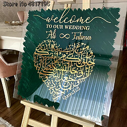 Autocollants muraux de mariage arabes, noms et dates de couple, panneau en vinyle, panneau de réception, panneau de fête, bienvenue musulmane, amour, forme de cœur, autocollant mural~01277 