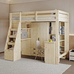 WISHDOR Lit mezzanine 90x200 cm Lit avec rangement - Naturel