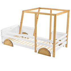 DZMDIP Lit voiture enfant avec roues en mdf, Certifié EN747, lit garcon avec cadre en pin, blanc + naturel (90x200cm)