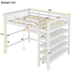 DZMDIP Lit mezzanine enfant 140x200cm avec bureau et étagères - 2 places - bois de pin et mdf - blanc
