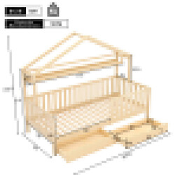 DZMDIP Lit cabane pour enfant 90 x 200 cm avec 2 tiroirs, bois massif de pin, sommier à lattes inlcus, couleur naturel, certifié en747
