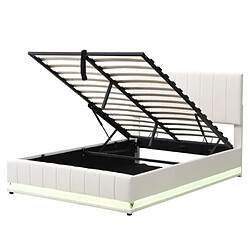 DZMDIP Lit double 140 x 200 cm avec led, sommier à lattes métalliques et coffre de lit, lit coffre avec tête rembourrée réglable en hauteur 