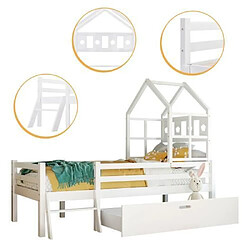 DZMDIP Lit cabane enfant 90x200 cm avec échelle et tiroirs, lit mezzanine simple en bois massif avec protection antichute, blanc