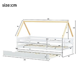 DZMDIP Lit cabane extensible 90 x 200 cm lit enfant gigogne bois massif de pin, sommier à lattes inclus, couleur blanc et naturel