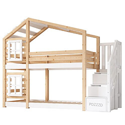 DZMDIP Lit superpose cabane 90x200 cm avec tiroir et protection antichute, lit mezzanine enfant avec escalier de rangement, naturel blanc