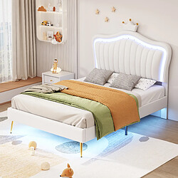 DZMDIP Lit enfant 90x200 cm 1 personne Cuir PU avec lumières LED, sommier à lattes et dossier rembourré (matelas non inclus), blanc