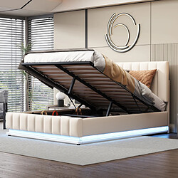 DZMDIP Lit double 140 x 200 cm avec led, sommier à lattes métalliques et coffre de lit, lit coffre avec tête rembourrée réglable en hauteur pas cher