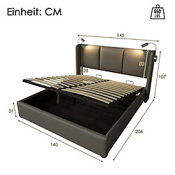 DZMDIP Lit double 140x200 rembourré, rangement et lampe de lecture avec chargement usb tête de lit, gris, pu, sommier et matelas