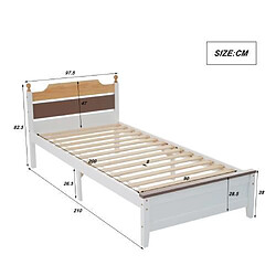 DZMDIP Lit adulte simple 90x200 cm cadre en bois de pin avec pied central, lit d'adolescent adulte avec tête et pied de lit en mdf
