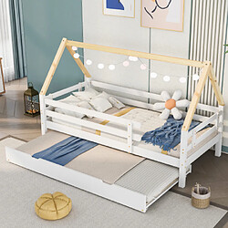 DZMDIP Lit cabane extensible 90 x 200 cm lit enfant gigogne bois massif de pin, sommier à lattes inclus, couleur blanc et naturel