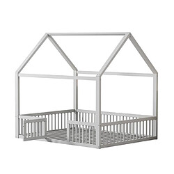 DZMDIP Lit cabane 140 x 200 cm avec clôture et sommier à lattes doté d’une protection contre les chutes, idéal pour les chambres d’enfant,blanc