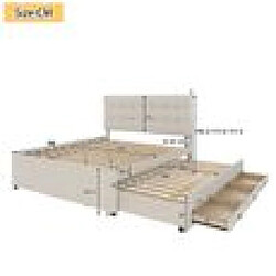 DZMDIP Lit double 140x200 cm avec lit gigogne 90x200 cm, 3 tiroirs, sommier à lattes, tête de lit réglable, rembourré en lin beige