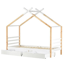 DZMDIP Lit cabane 90x200cm avec 2 tiroirs,lit enfant bois massif avec sommier à lattes - blanc et naturel