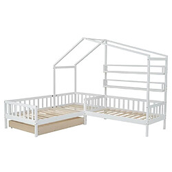 DZMDIP Lit enfant cabane avec tiroirs et étagères,lit double bois massif avec clôture et sommier à lattes,structure en l,blanc (90x200 cm+140x70cm)