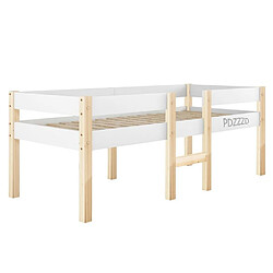 DZMDIP Lit enfant mi hauteur 90x190cm en bois de pin massif, lit simple structure en pin sommier inclus, blanc et chêne