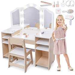 Mamabrum Coiffeuse Enfant Bois avec Chaise Grand Miroir Éclairage LED & Accessoires -Bureau Enfant
