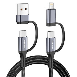 Swissten Câble Interchangeable 4-en-1 USB-C vers USB-A et Lightning 60W 1.5m Noir